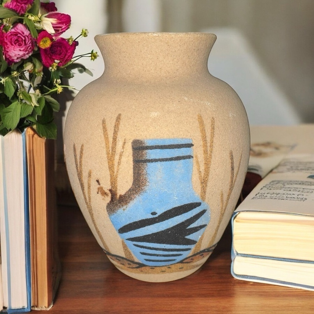 Hand-Painted Native American Navajo Southwestern Sand Art Vase – 6” Tall